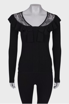 Blouse with wide neckline and bow