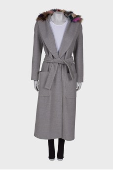 Wool coat with multicolor fur