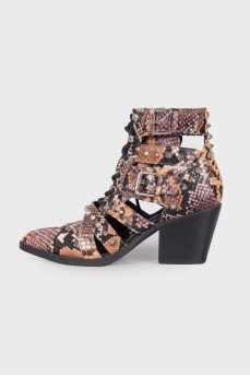 Embossed leather ankle boots with rhinestones
