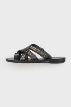 Leather slippers with metal rhinestones