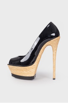 High-heeled patent leather shoes
