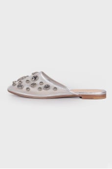 Silver mules with rhinestones