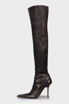 Pointed toe leather over the knee boots