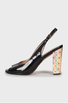 Patent sandals with a print heel