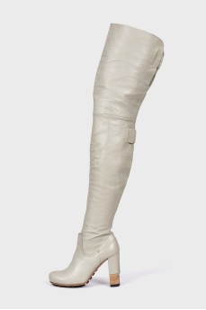Light gray leather over the knee boots