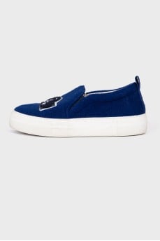 Blue textile slip-ons