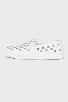 Leather slip-ons with metal rhinestones