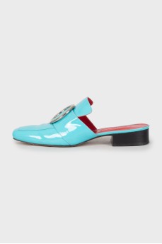 Blue patent leather mules