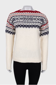 Wool sweater with embroidered print