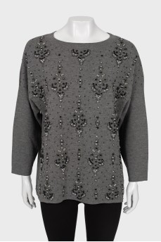 Wool sweater with beaded embroidery