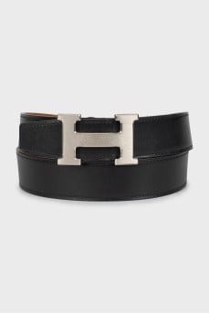 Black leather belt with silver hardware
