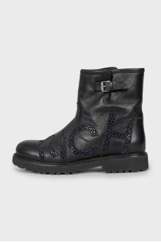 Leather boots decorated with rhinestones