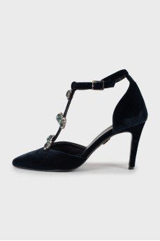 Velor shoes decorated with rhinestones