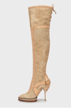 Suede over the knee boots with perforations