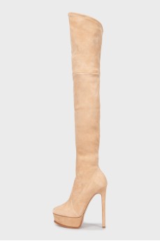 Beige suede over the knee boots