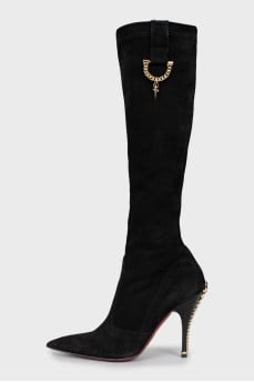 Suede boots with embellished heel