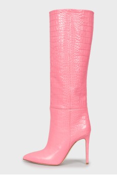 Pink leather boots with embossing