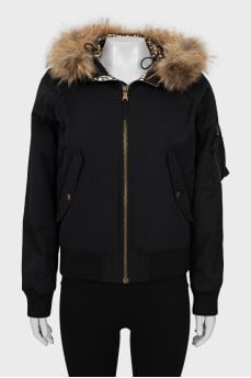 Black jacket with fur hood
