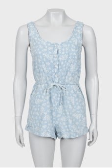 Floral denim romper