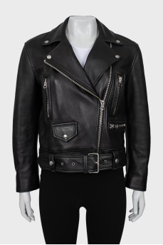 Leather jacket with bias closure