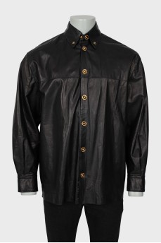 Men's leather shirt with gold buttons