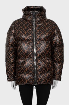 Brown down jacket with text print