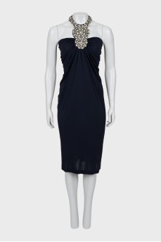 Dark blue dress decorated with rhinestones