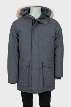 Men's gray down jacket with fur