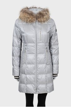 Gray down jacket with fur on the hood