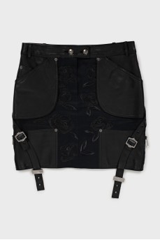 Denim skirt with leather inserts