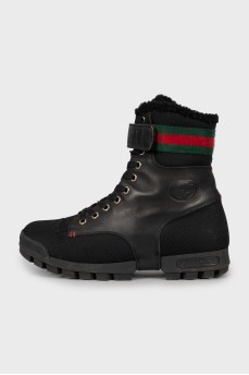 Black leather and textile boots