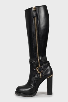 Black Leather Block Heel Boots
