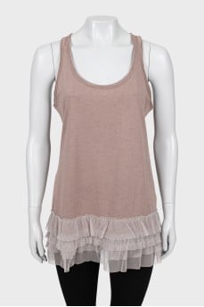 Beige tank with mesh ruffles