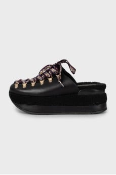 Leather and fur wedge shoes
