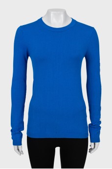 Blue jumper with logo on sleeve