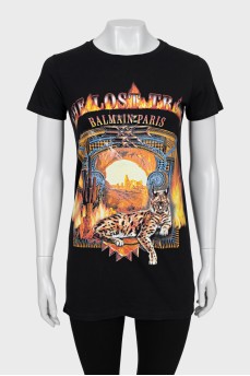 Black printed straight-fit T-shirt
