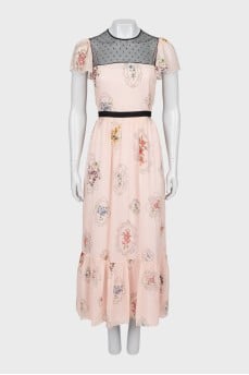 Floral print dress decorated with mesh