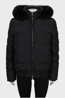 Black down jacket decorated with fur