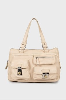 Leather tote bag with patch pockets