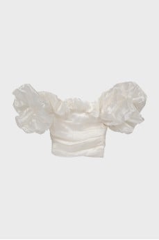 White blouse with puff sleeves and tag