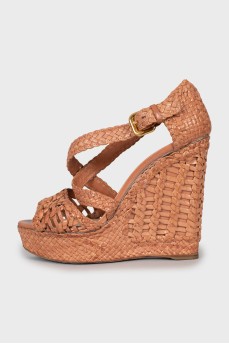 Woven leather wedge sandals