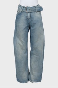 Blue jeans decorated with belt