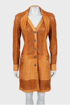 Leather raincoat with perforated pattern