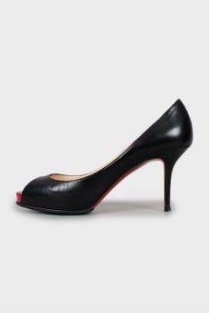 Black leather open toe shoes