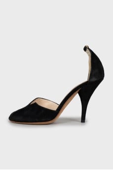 Black suede peep toe pumps