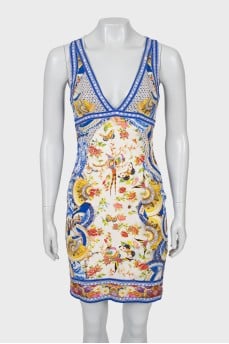 Printed mini dress with plunging neckline
