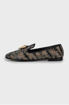 Suede ballet shoes decorated with rhinestones