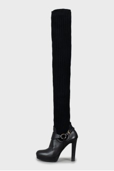 Black over the knee boots with knitted upper