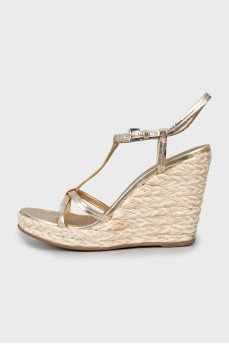 Gold-tone woven wedge sandals