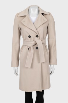 Double-breasted wool coat with belt